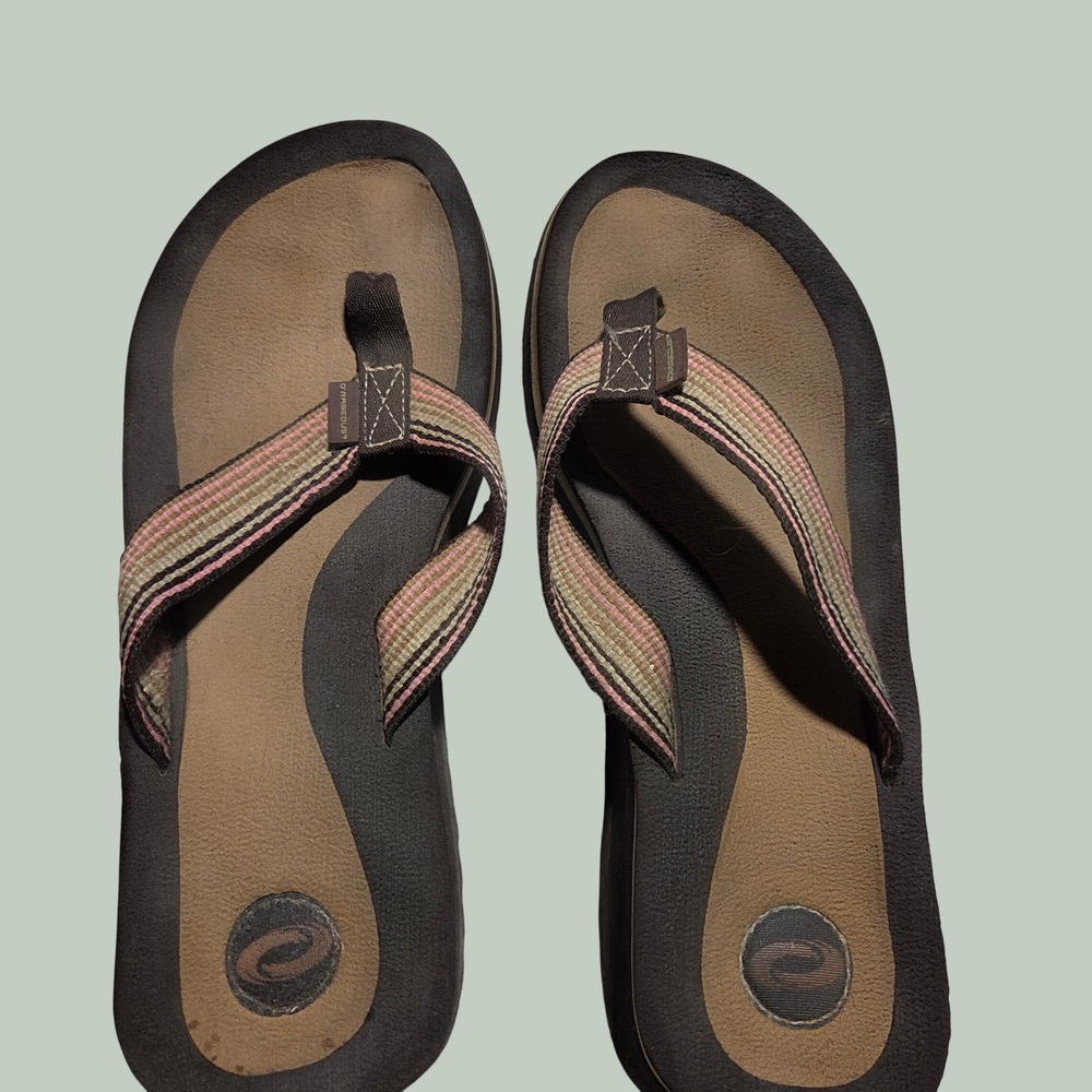 O'Rageous Womens Platform Flip Flop Sandals Brown Pink Striped Thong‎ Wedge Sz 9